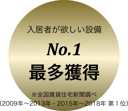 入居者が欲しい設備 No.1 最多獲得 ※全国賃貸住宅新聞調べ(2009年〜2013年・2015年〜2017年 第1位)
